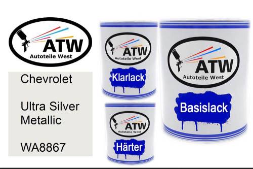 Chevrolet, Ultra Silver Metallic, WA8867: 1L Lackdose + 1L Klarlack + 500ml Härter - Set, von ATW Autoteile West.